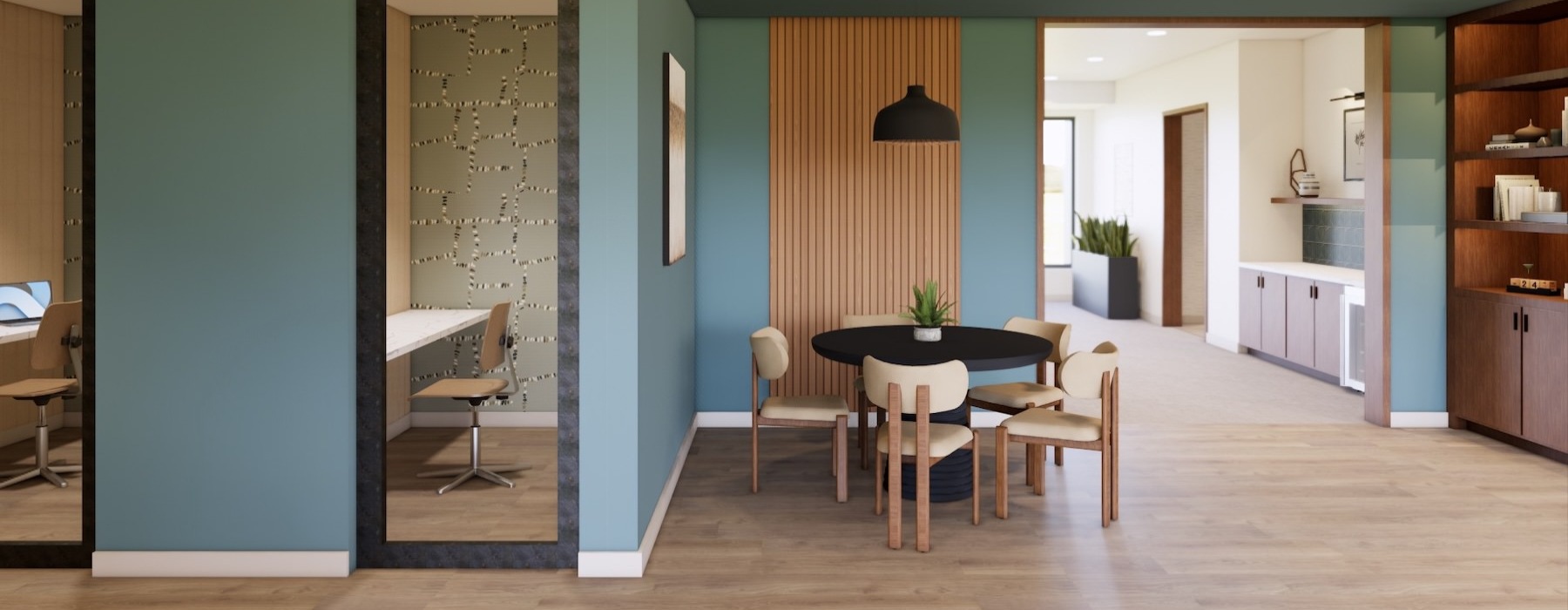 a room with a table and chairs